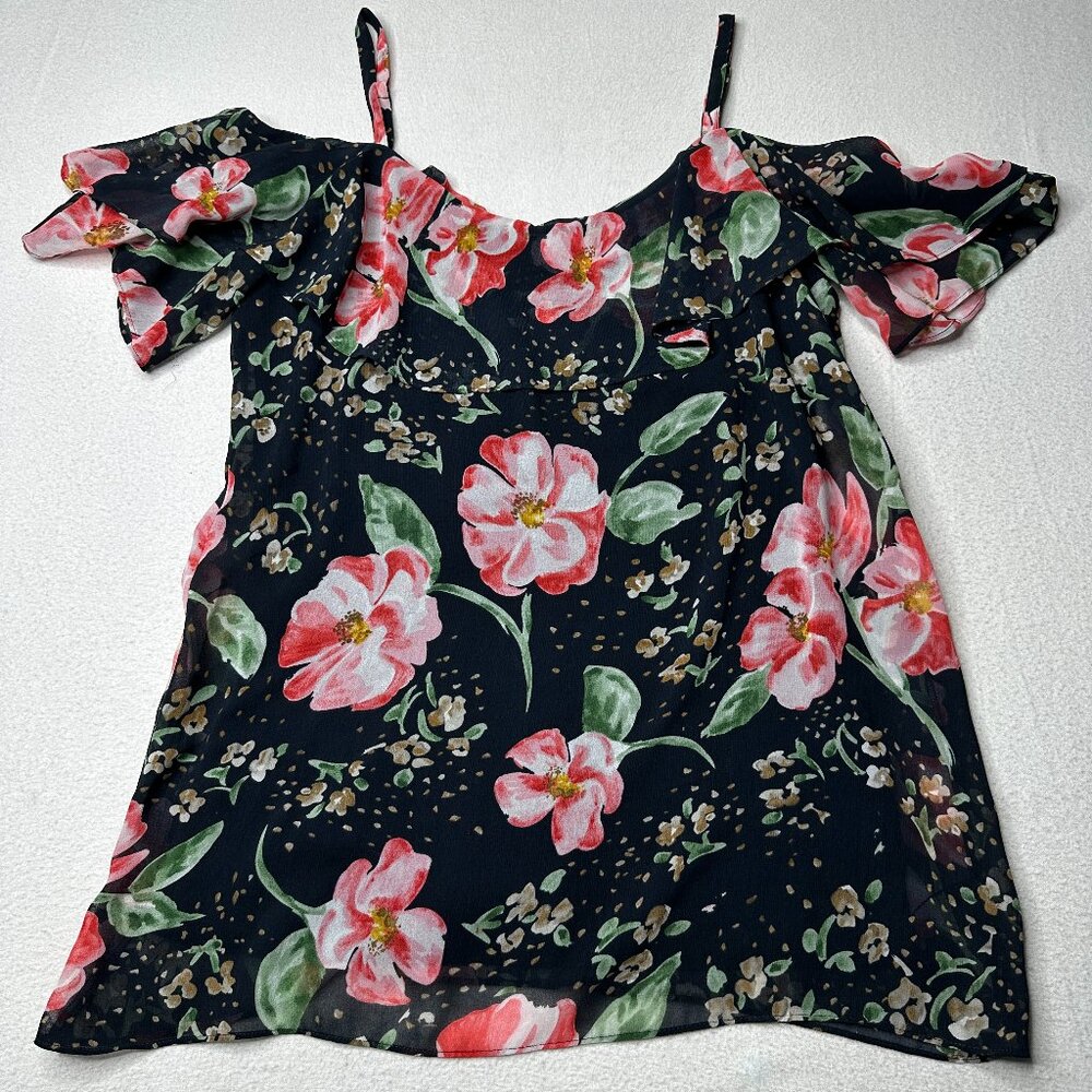 Cabi Womens #5220 Cold Shoulder Black Floral Fairytale Fully Lined Top Size S